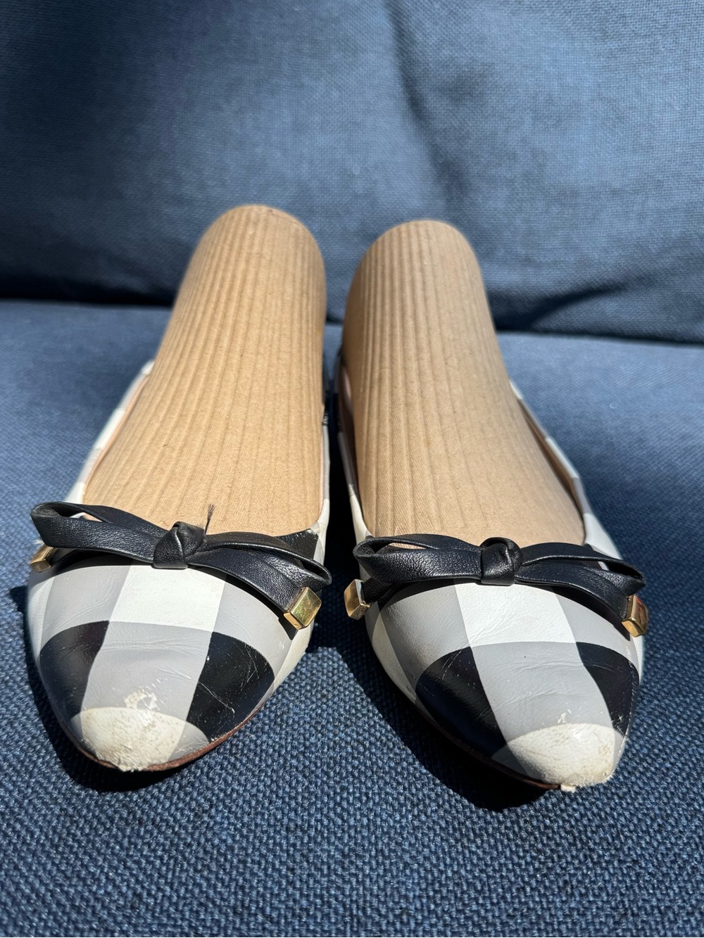 kate spade Black & White Plaid Pointed Toe Ballet Flats with Bow